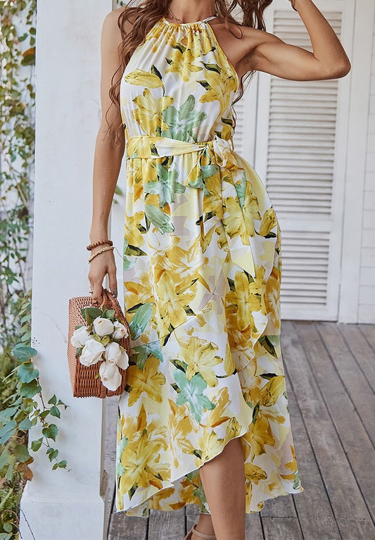 Halter Neck Flower Print Ruffled Dress